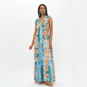 Oliphant palmetto blue ruffle v neck maxi dress